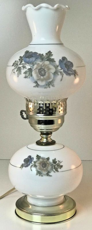 15.  5 " Tall White Milk Glass Hurricane Table Lamp With Blue Floral Design 3 Way