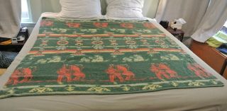 Vintage Western Camp Blanket Indian Horse Pottery Teepee Greens Red Yellow