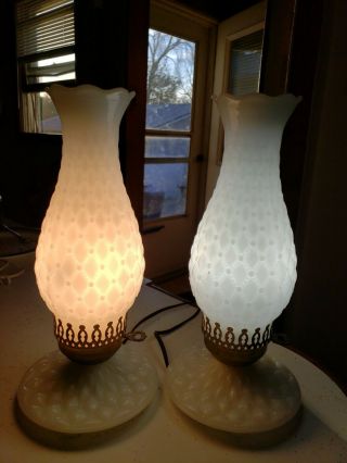Vintage White Hobnail Milk Glass Vanity Electric Hurricane Table Lamps