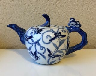 Vintage Decorative Small Butterfly Teapot Blue And White Made In China