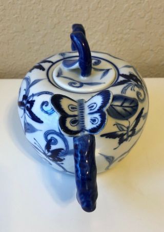 Vintage Decorative Small Butterfly Teapot Blue and White Made In China 2