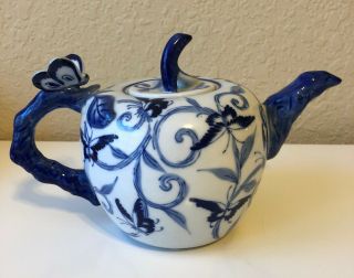 Vintage Decorative Small Butterfly Teapot Blue and White Made In China 3