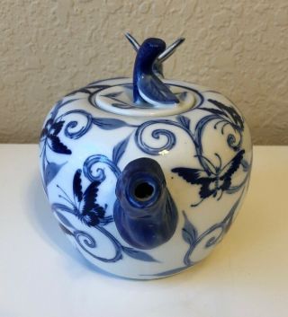 Vintage Decorative Small Butterfly Teapot Blue and White Made In China 4