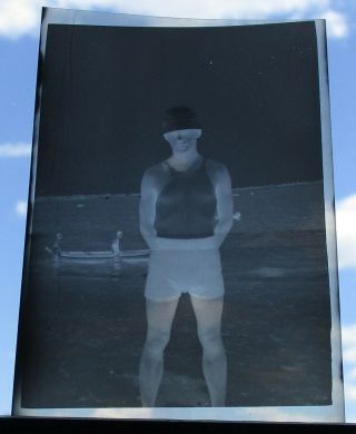 VINTAGE PHOTO NEGATIVE BEACH MAN IN SAILOR HAT BULGE SEMI - NUDE GAY INTEREST 2