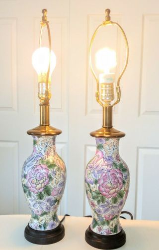1 Pair Oriental/ Chinese Ceramic Ginger Jar Pair Table Lamp - Peony Flower