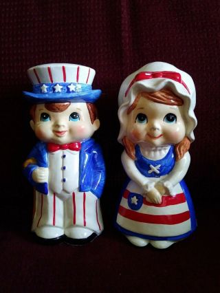 Vintage Lefton Patriotic 4th Of July Girl Boy Ceramic Figurines,  Red White Blue