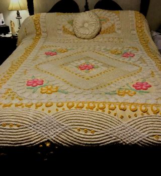 Vintage Chenille Bedspread Full Double Yellow Blue Pink Plush Flower 96x 104 "
