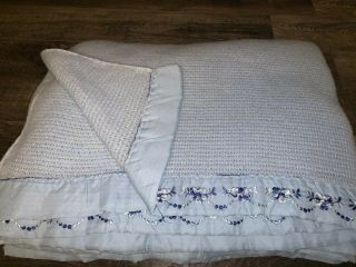 Waffle Blanket Vtg Satin Edge Blue 85 X 74 Embroidered Edge Floral Full/queen