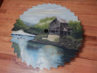 Primitive Sawmill Buzz Saw Blade Hand Painted Abandon Building Creek Nature 24 "