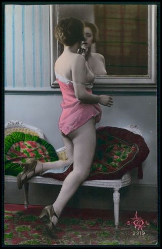 French Nude Woman Lipstick Mirror Makeup Old 1920s Tinted Color Photo Postcard