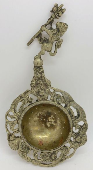 Antique Lion & Cherub Ornate Brass Tea Strainer,  Made In Italy (rf935)