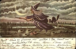 Postcard Halloween Salem 1692 Artist Whipple Black Cat Witch Broom Moon 1907