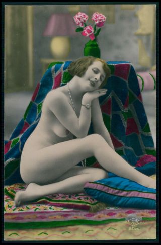 French Nude Woman Seated On Floor Old 1920s Tinted Color Photo Postcard