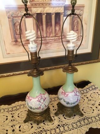 Vintage Antique Green Porcelain Table Lamps With Simple Scroll Design/metal Base