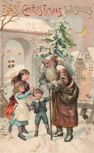 Htl 84 Postcard Hold To Light " Best Christmas Wishes " Santa In Brown,  Children