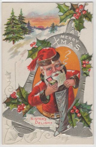 Merry Xmas Santa Claus In Bell Smoking Pipe Sister’s Delight Stocking Postcard