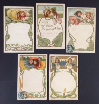 Vintage Fantasy Postcards (5) Art Nouveau,  Faces In Flowers - Very Pretty