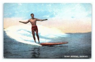 Vintage Postcard Duke Kahanamoku Surf Riding Surfing Waikiki Hawaii M1