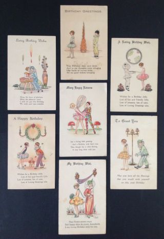 Vintage Artist Signed C.  Shand Birthday Postcards (7) Clowns,  Dancers,  Florals