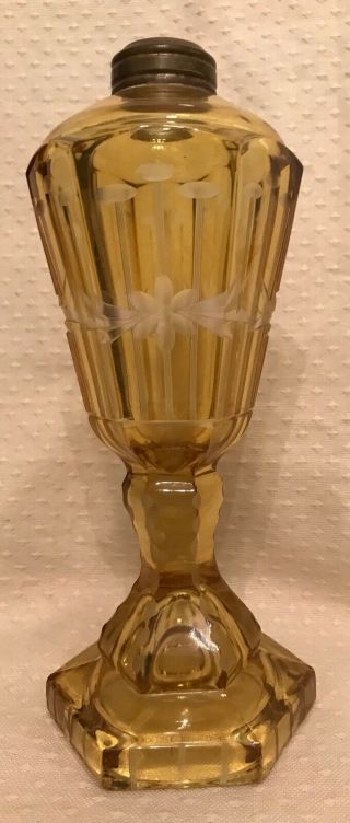 Antique Sandwich Glass Whale Oil Lamp Golden Yellow Cut Lines Floral Design