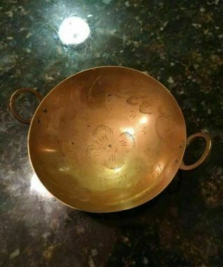 Vintage Brass Bowl With Handles India Etched Design Novelty Ware 5.  5 " Wide