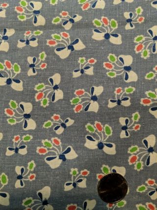 Vintage Feed Sack Blue With Flowers And Bows Cotton Quilting Sewing Fabric