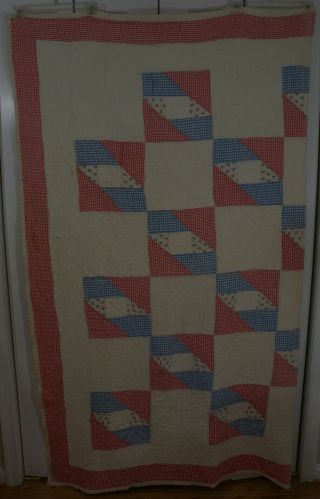 Vintage Handmade Patchwork Quilt Gingham Red Blue Off - White Muslin 76x90