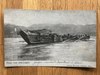 China Old Postcard Down River Junk Loaded Chungking