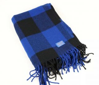 Pendleton Blue And Black Plaid Fringe Wool Blanket 52x68