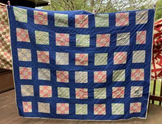 Vintage 9 Patch Quilt Blue And Red Hand Quilted,  63 X 74