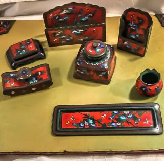 Antique Enameled Cloisonne Bronze/copper 8 Piece Desk Blotter Set,  Very Old