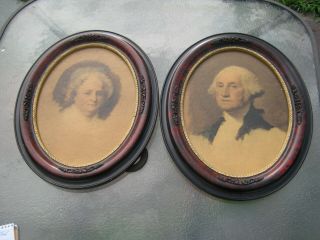 2 Antique Oval Framed Prints (?) Of Martha & George Washington By Gilbert Stuart