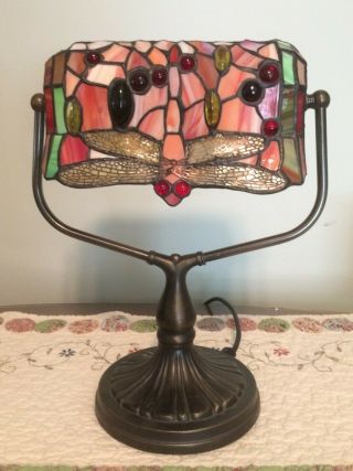 Vintage Tiffany Desk Lamp Cast Iron Dragon Fly 14 " Stained Glass