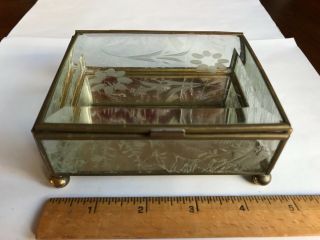 Vintage Jewelry/trinket Box Etched Glass Design - Brass Construction