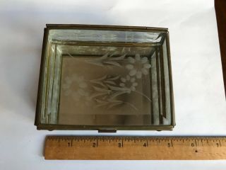Vintage JEWELRY/TRINKET BOX Etched Glass Design - Brass Construction 2