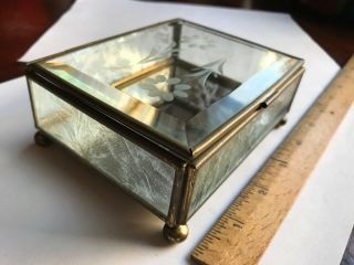 Vintage JEWELRY/TRINKET BOX Etched Glass Design - Brass Construction 3