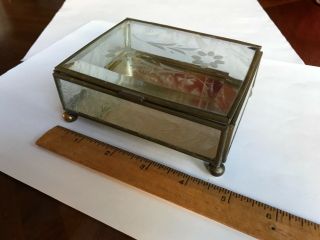 Vintage JEWELRY/TRINKET BOX Etched Glass Design - Brass Construction 4