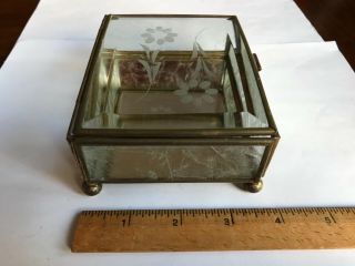 Vintage JEWELRY/TRINKET BOX Etched Glass Design - Brass Construction 5