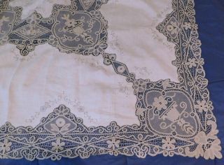 Vintage Antique Net Lace And Linen Center Medallion Tablecloth 100 " X 66 "