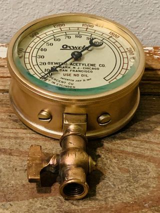 Dated 1917: Large Vintage Brass Pressure Gauge Design,  Thick Beveled Glass