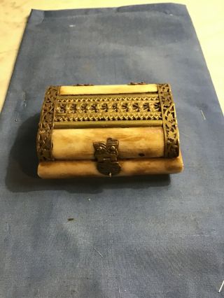 Antique Ornate Bone And Brass Trinket Box