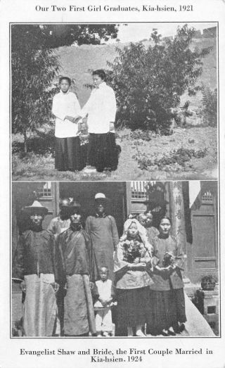 First Girl Graduates,  Kia - Hsien,  China Evangelist Shaw & Bride 1924 Postcard