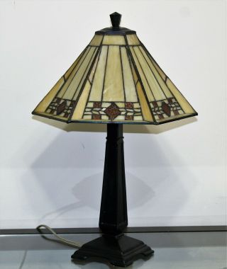 Vintage Southwestern Style Stained Glass Shade Lamp Bronze Metal Base