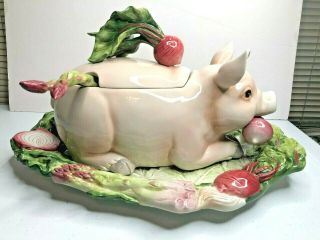Fitz And Floyd French Market Pig Soup Tureen With Ladle And Platter