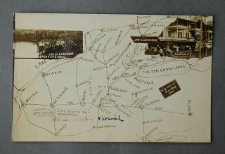 1910 Rppc Map Of Upstate York,  The Glenmore Hotel,  Adirondacks Big Moose Ny