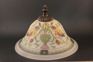 Reverse Painted Frosted Glass Lamp Shade Featuring Peacocks Vases And Greenery