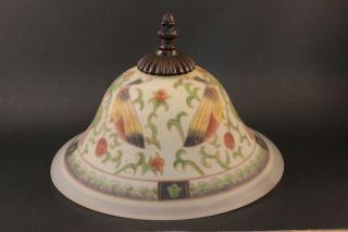 Reverse Painted Frosted Glass Lamp Shade featuring peacocks vases and greenery 2