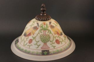 Reverse Painted Frosted Glass Lamp Shade featuring peacocks vases and greenery 3