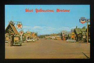 1960s Busy Street Texaco Chevron Gas Eagles Curios Old Cars West Yellowstone Mt