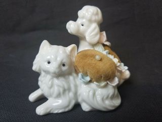 Vintage Porcelain Kitten And Puppy Poodle Pin Cushion